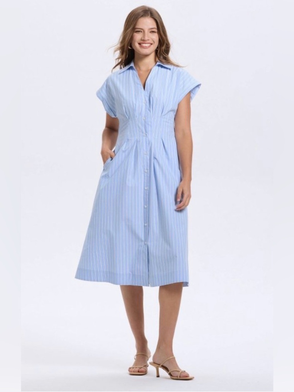 a new day Light Blue Striped Midi Shirt Dress